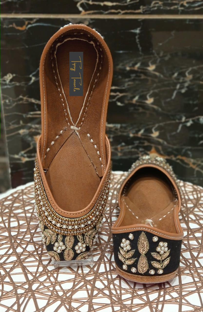 Women’s Black & Gold Embroidered Jutti | Handcrafted Pearl Ethnic Flats