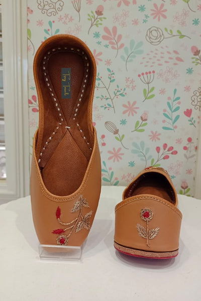 Women’s Tan Floral Embroidered Jutti | Handcrafted Ethnic Flats