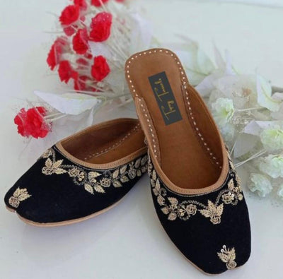 Women’s Black Zardozi Embroidered Open Back Jutti | Handcrafted Ethnic Flats