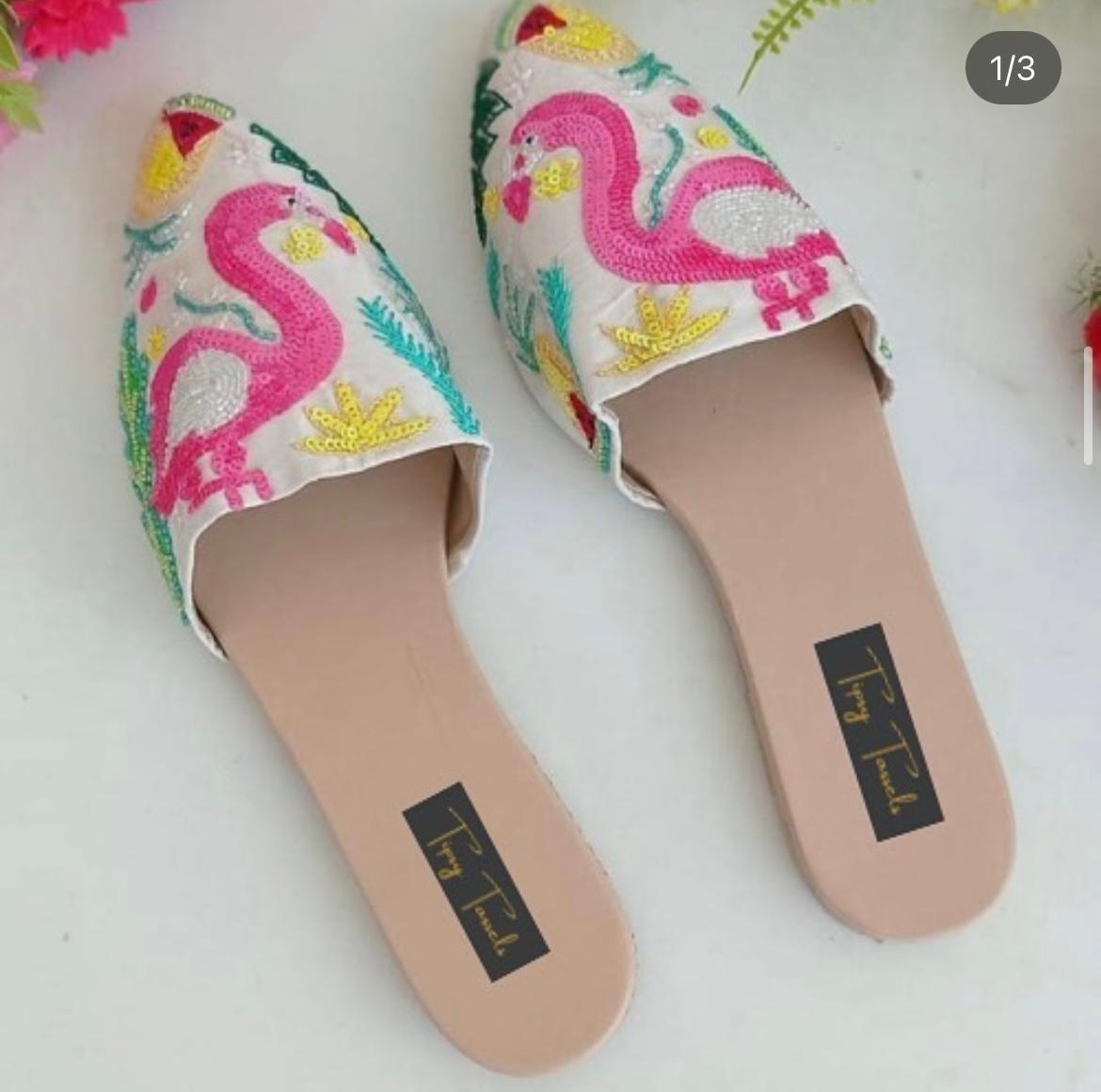 White Flamingo Embroidered Mules | Handcrafted Beaded Slip-Ons