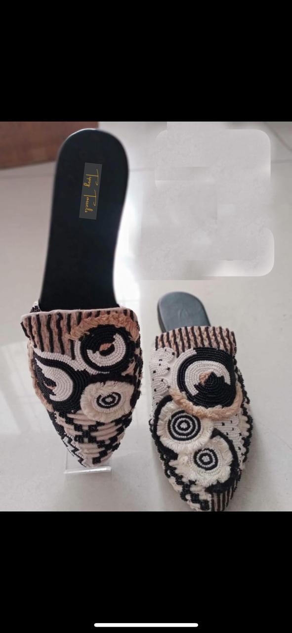 Women’s Black & Ivory Hand-Beaded Mules | Artistic Slip-On Flats