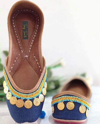 Women’s Blue Beaded Coin Jutti | Handcrafted Ethnic Flats